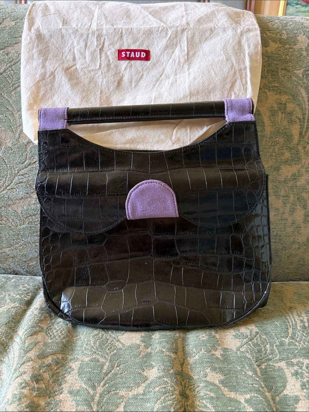 STAUD Black Croc-Embossed Shoulder Bag with Purple Suede Accents